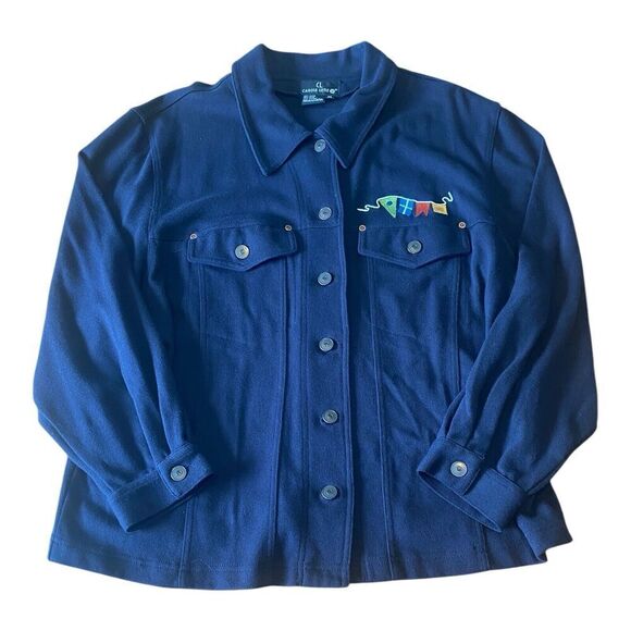 Carole Little embroidered flag long sleeve navy blue jacket size 2X - Picture 3 of 9